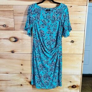 Taylor Maternity Teal Green/Pink/Black Floral Dress Flutter Sleeves Feminine